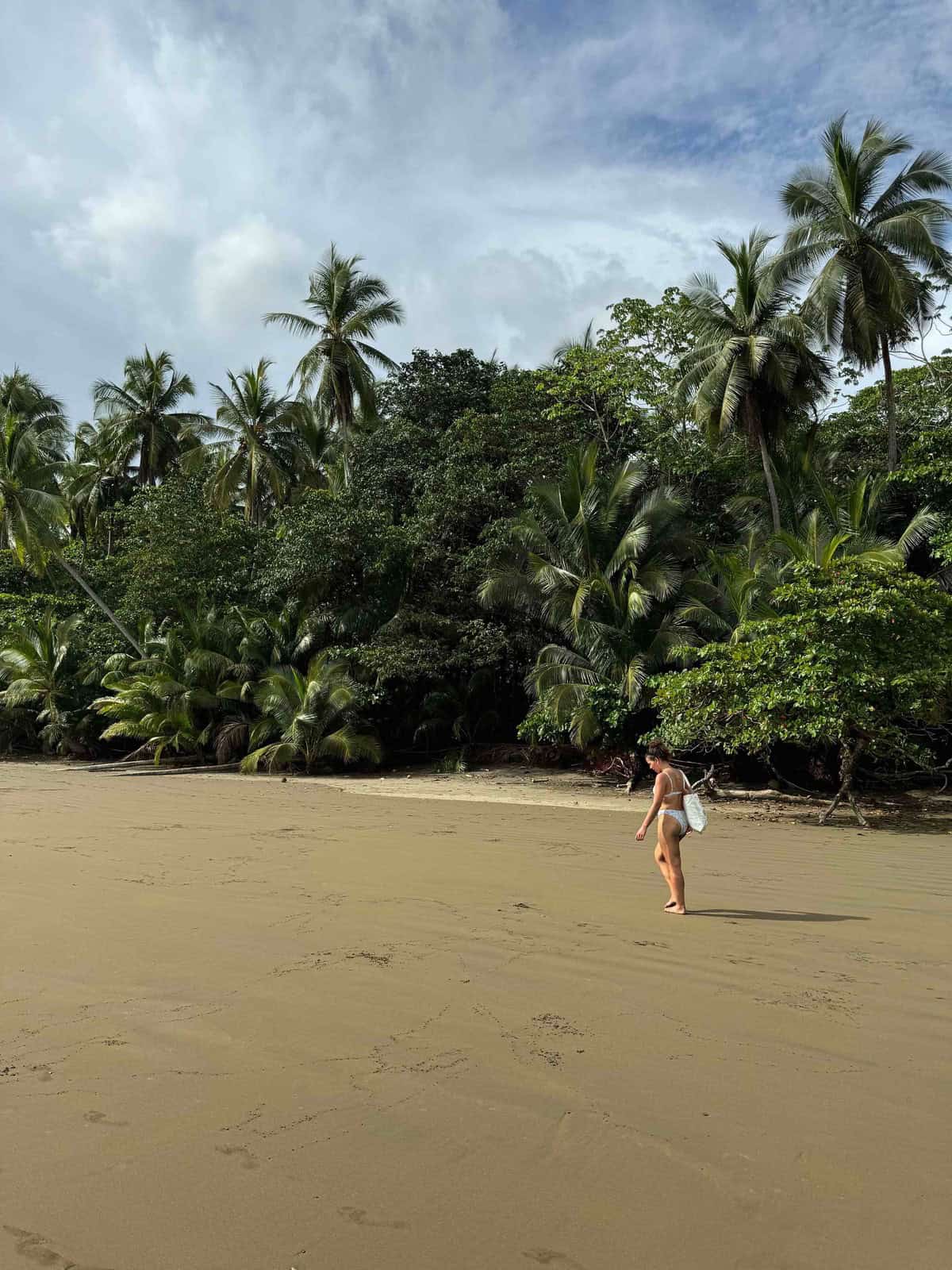 girl walking on beach with rainforest in the background